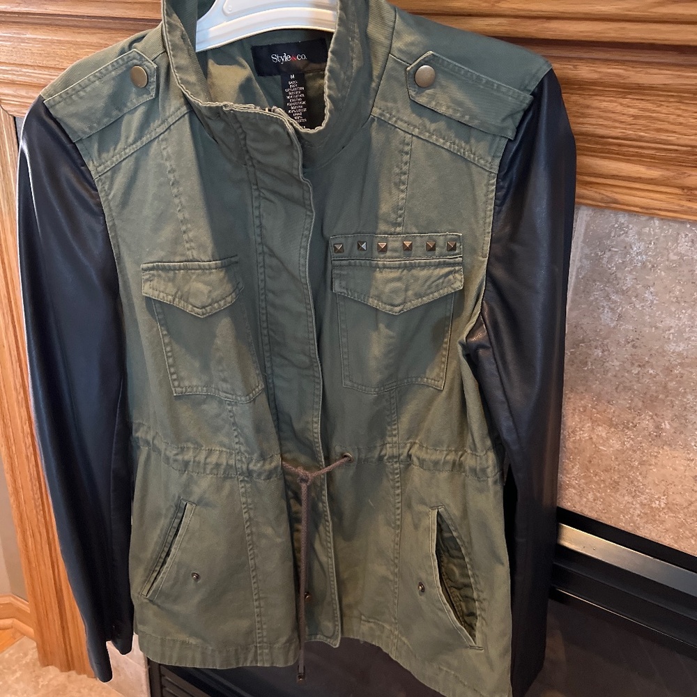 Style & Co. Olive Utility Jacket with Black Faux-Leather Sleeves